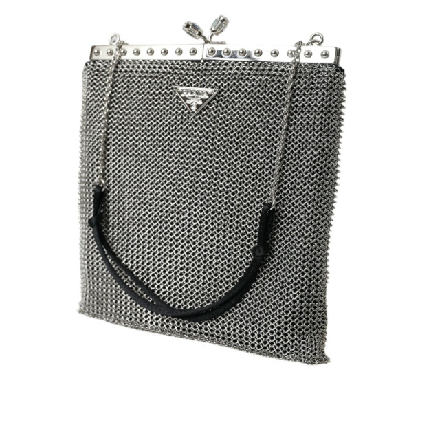 Prada Elegant zilver mesh schouder avond tas Prada Elegant Zilver Mesh Schouder Avond Tas large