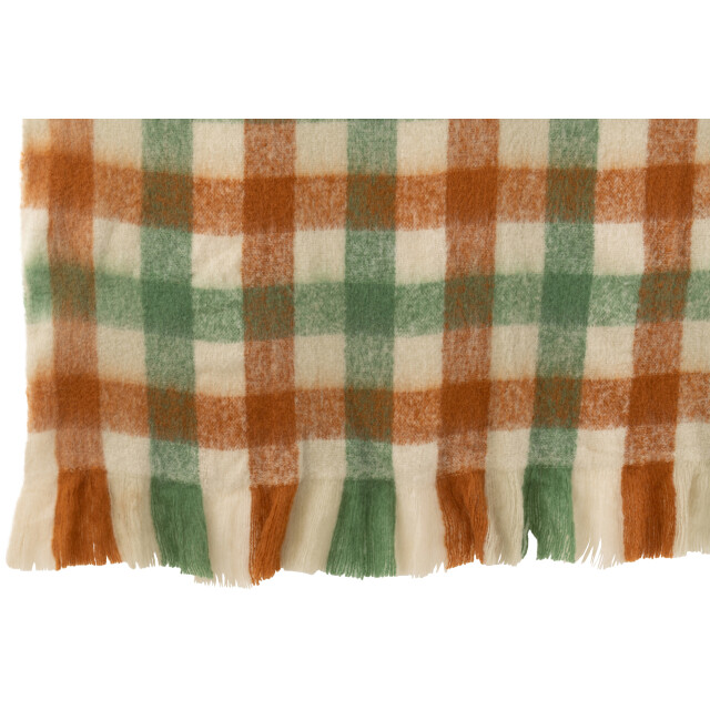J-Line plaid ruitjes+franjes acryl wit/groen/bruin 180x130x1cm 3002438 large