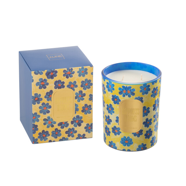 J-Line geurkaars bloemen blauw/geel large 70 uren 10.5x10.5x13.5cm 3015392 large