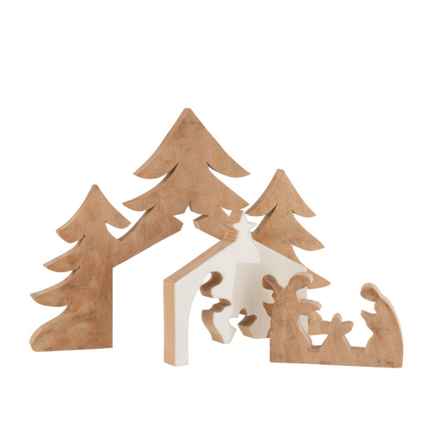 J-Line kerststal+kerstbomen puzzle mango hout wit/ 55x4x42cm 3015497 large