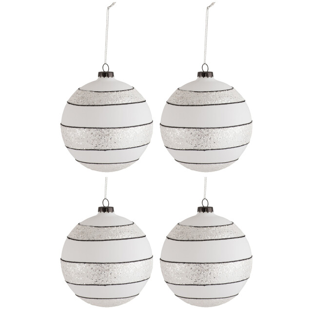 J-Line doos van 4 kerstbal strepen/glitter glas /wit large 10x10x10cm 3010965 large