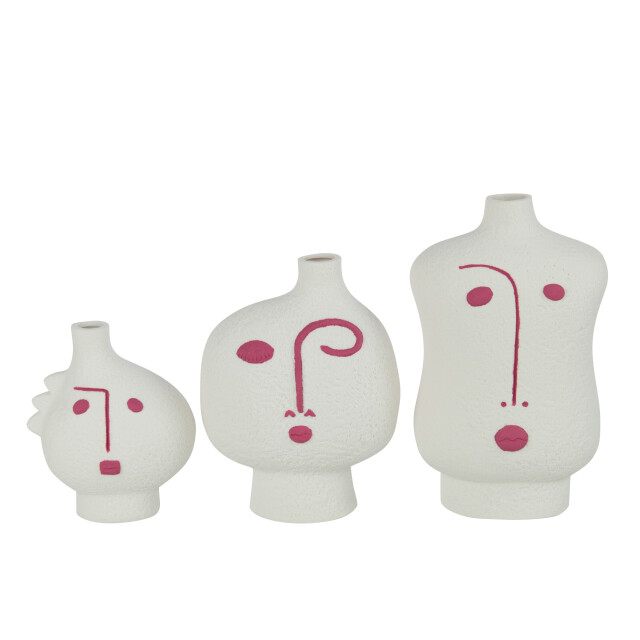 J-Line set van 3 vazen gezicht abstract porselein fuchsia/wit 13.5x9x22.5cm 3001904 large
