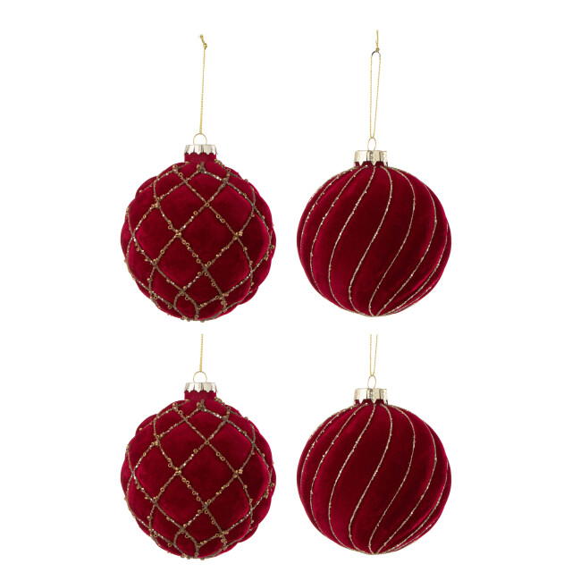 J-Line doos van 4 kerstbal 2+2 lijnen/geruit fluweel /goud 10x10x10cm 3008870 large