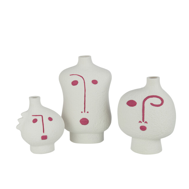 J-Line set van 3 vazen gezicht abstract porselein fuchsia/wit 13.5x9x22.5cm 3001904 large