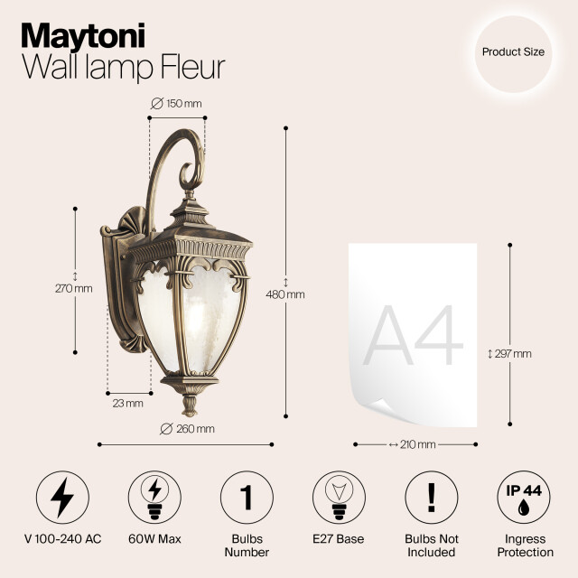 Maytoni Outdoor wandlamp fleur met goud Ø26 2994854 large