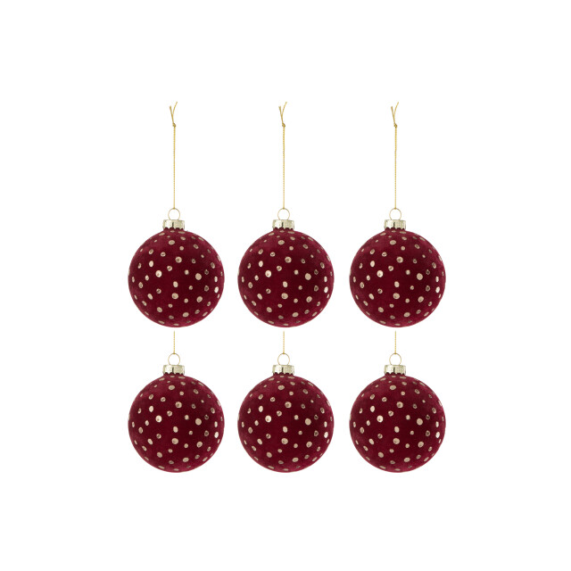 J-Line doos van 6 kerstbal stippen fluweel bordeaux/goud 8x8x8cm 3008904 large