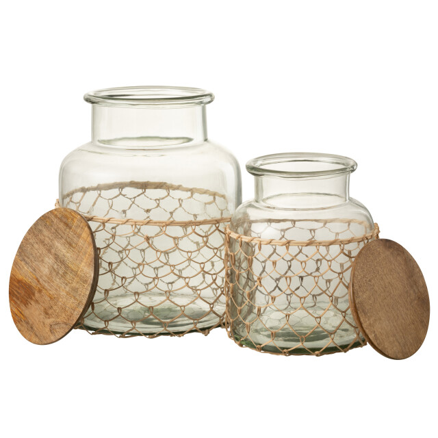 J-Line pot deksel breiwerk glas/hout/jute large 22x22x28cm 3001247 large