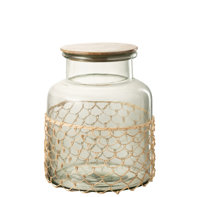 J-Line pot deksel breiwerk glas/hout/jute large 22x22x28cm 3001247 large