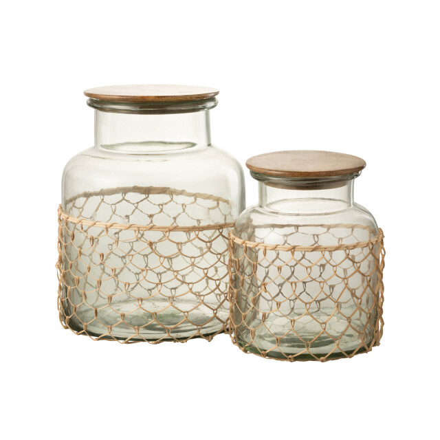 J-Line pot deksel breiwerk glas/hout/jute large 22x22x28cm 3001247 large