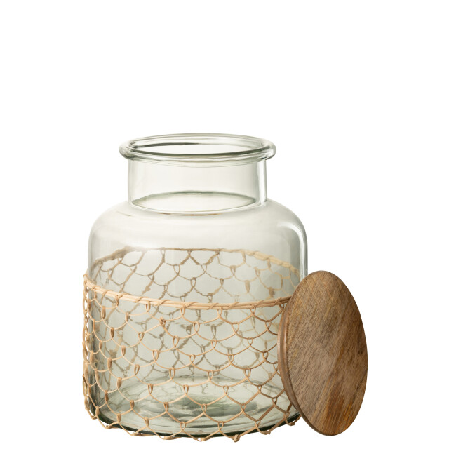 J-Line pot deksel breiwerk glas/hout/jute large 22x22x28cm 3001247 large