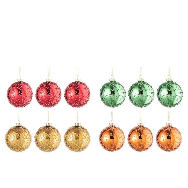 J-Line doos van 12 kerstballen 3+3+3+3 pareltjes glas goud/rood/oranje/groen 3007220 large