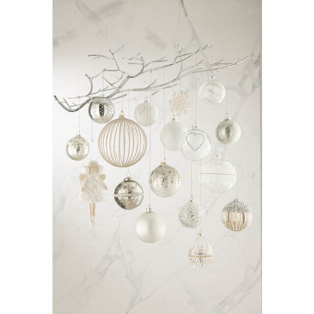 J-Line doos van 6 kerstballen blaadjes glitter glas blinkend zilver small - 3007403 large