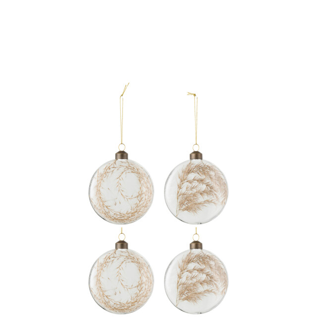 J-Line doos van 4 kerstballen rond plat 2+2 gedroogde pampas glas transparant 3007181 large