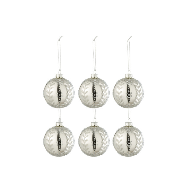 J-Line doos van 6 kerstballen blaadjes glitter glas blinkend zilver small - 3007403 large