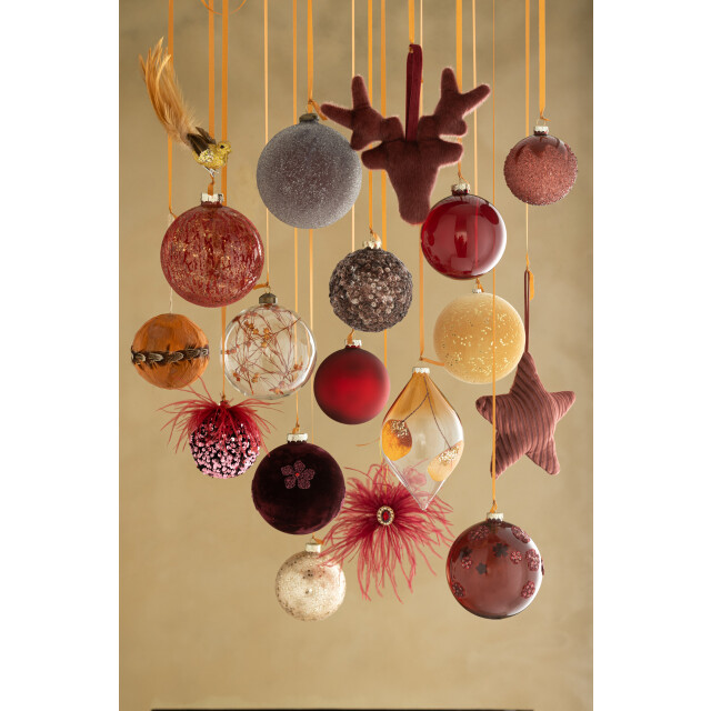 J-Line doos van 4 kerstballen bloemen fluweel glas burgundy large 12x12x12cm 3006114 large