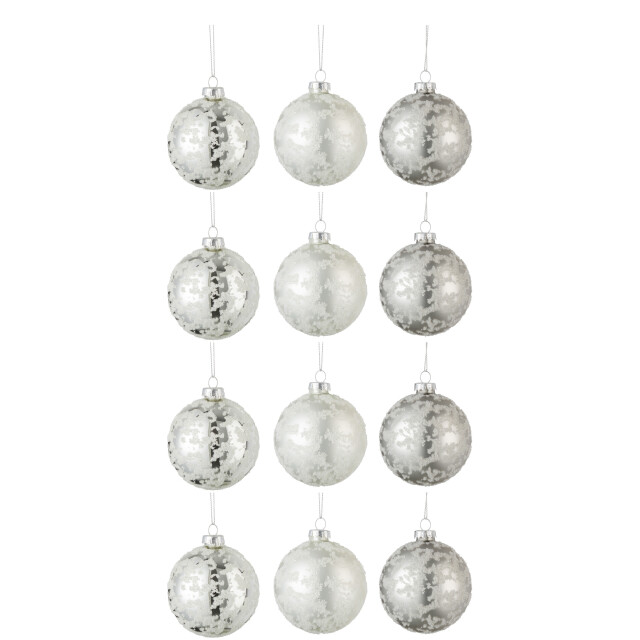 J-Line doos van 12 kerstballen 4+4+4 suiker glas mat grijs/mat wit/blinkend 3007212 large