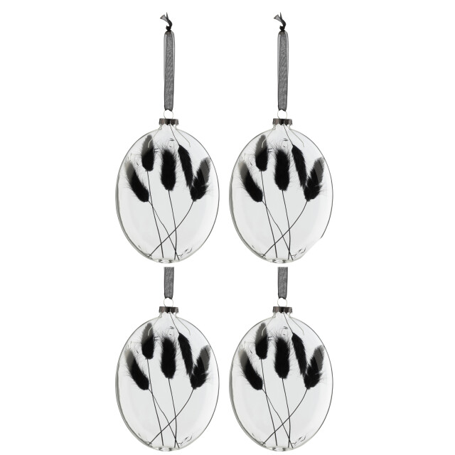 J-Line doos van 4 kerstballen ovaal plat gedroogde hazenstaart zwart glas 3007429 large