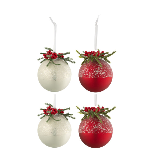 J-Line doos van 4 kerstballen kerstdeco+bessen suiker glas wit/rd small - 3007360 large