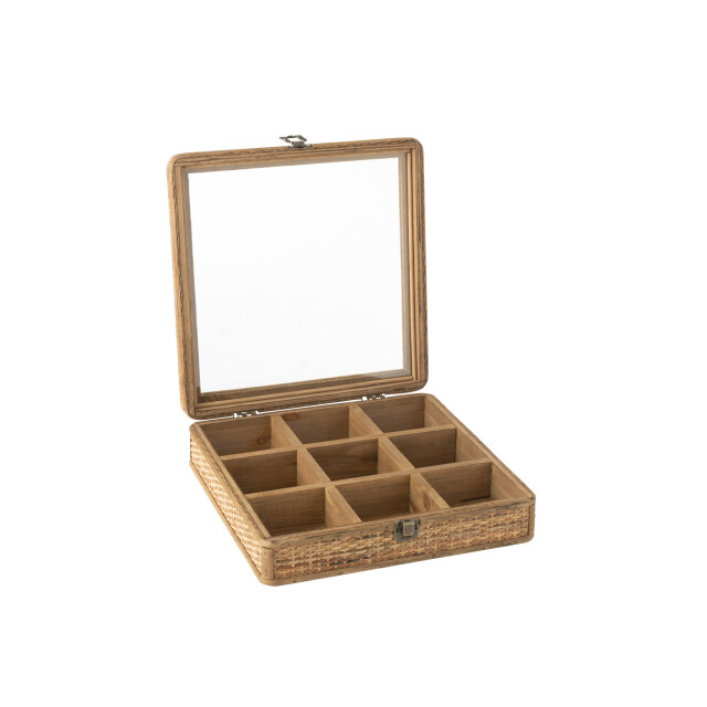 J-Line doos vierkant 9 compartimenten rotan/glas 31x30x8cm 3008209 large
