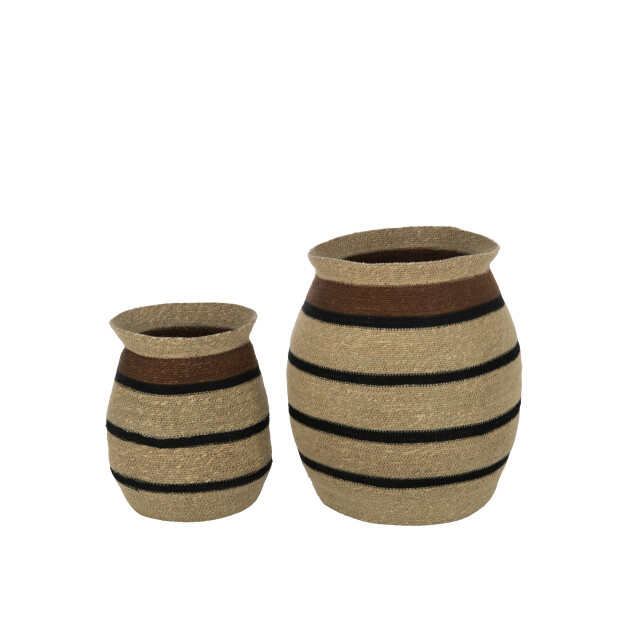 J-Line set van 2 manden rond gestreept marie zeegras bruin zwart 44x44x48cm 3005024 large