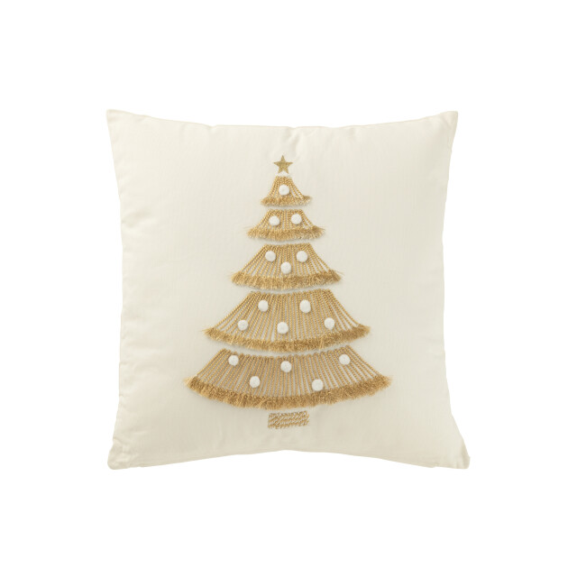 J-Line kussen kerstboom franjes+pompoms katoen /goud 45x45x12cm 3009853 large