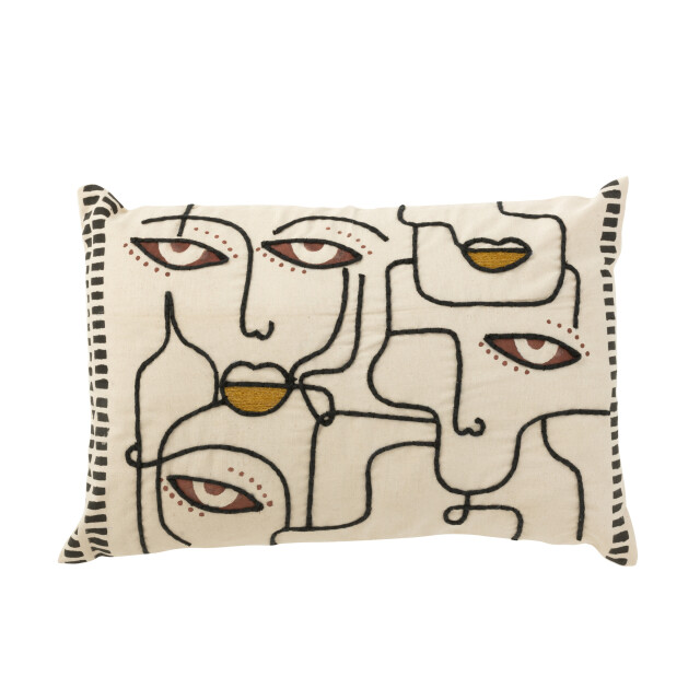 J-Line kussen gezichten katoen creme/bruin/zwart 68x40x12cm 3065974 large