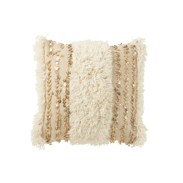 J-Line kussen vierkant lijnen pailetten wol/katoen crème/goud 45x45x12cm 3002713 large
