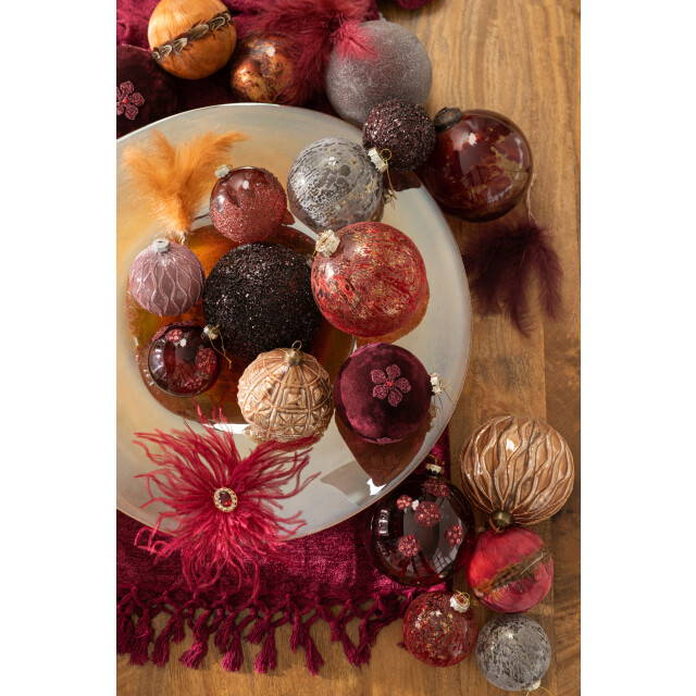 J-Line doos van 4 kerstballen bloemen fluweel glas burgundy large 12x12x12cm 3006114 large
