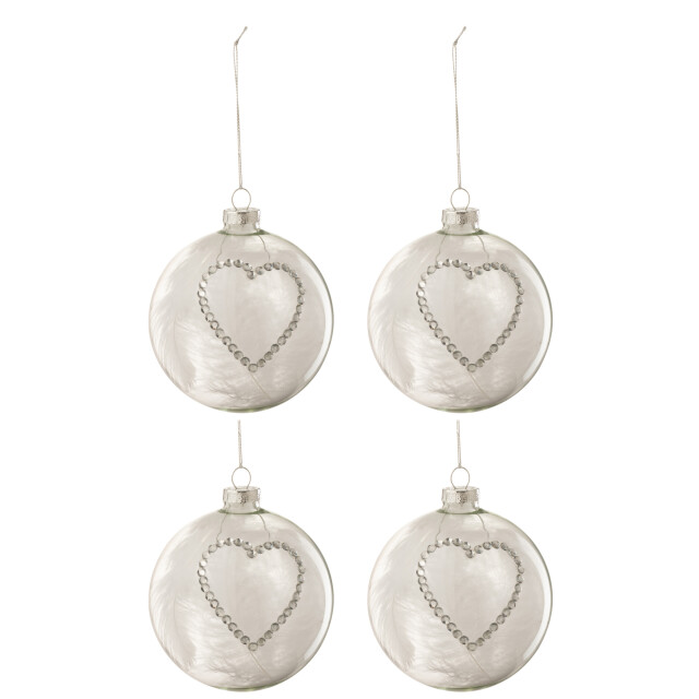 J-Line doos van 4 kerstballen hart strass zilver pluim glas klaar medium - 3006065 large