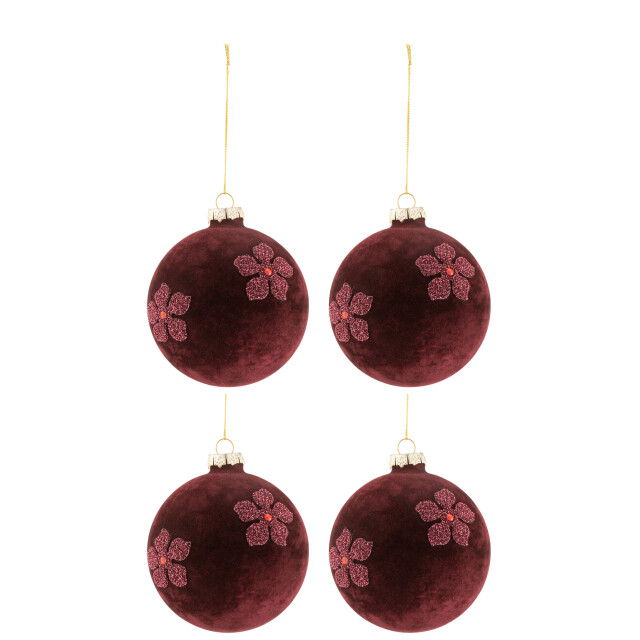 J-Line doos van 4 kerstballen bloemen fluweel glas burgundy medium - 3006111 large