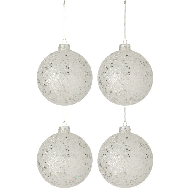 J-Line doos van 4 kerstballen sterretjes glas zilver large 12x12x12cm 3010465 large