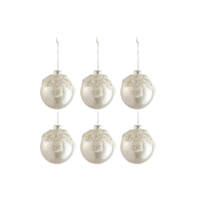 J-Line doos van 6 kerstballen bloemen glas blinkend zilver small 8x8x8cm 3006172 large