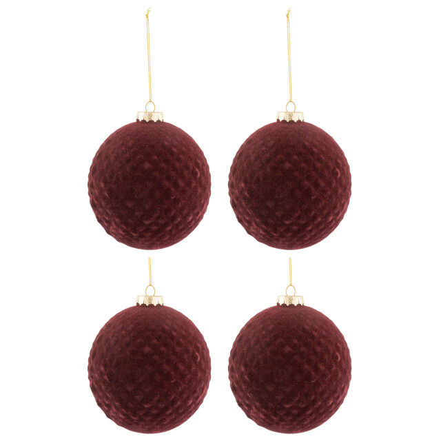 J-Line doos van 4 kerstballen patroon fluweel glas burgundy medium - 3006106 large