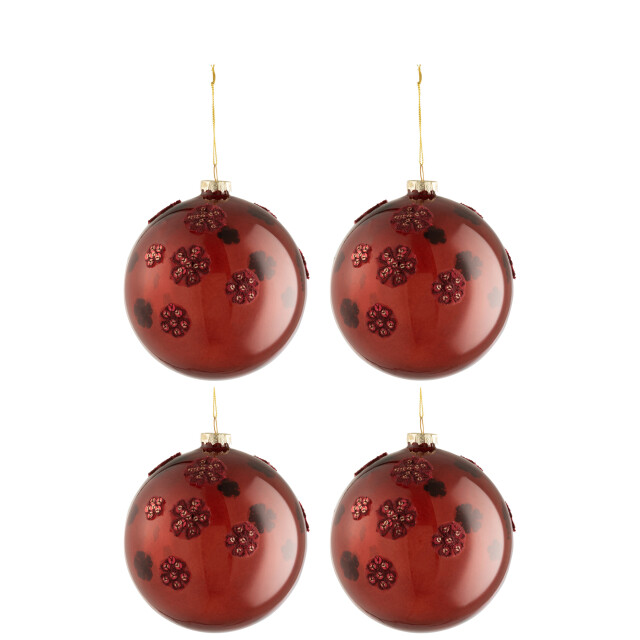 J-Line doos van 4 kerstballen bloemen glas burgundy large 12x12x12cm 3006119 large
