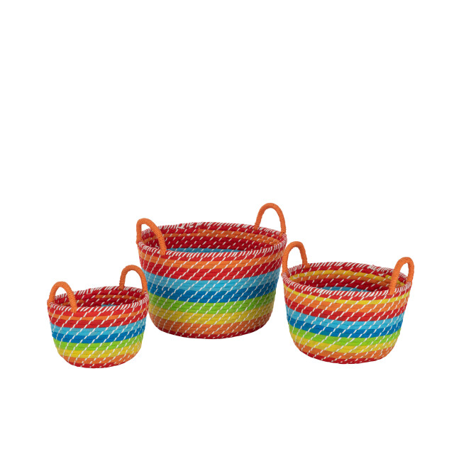 J-Line set van 3 mand regenboog strepen+handvaten zeegras mix 39x39x24cm 3005106 large