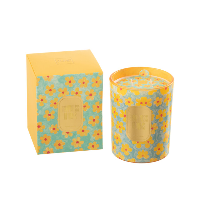 J-Line geurkaars bloemen azuur/geel large 70 uren 10.5x10.5x13.5cm 3015390 large