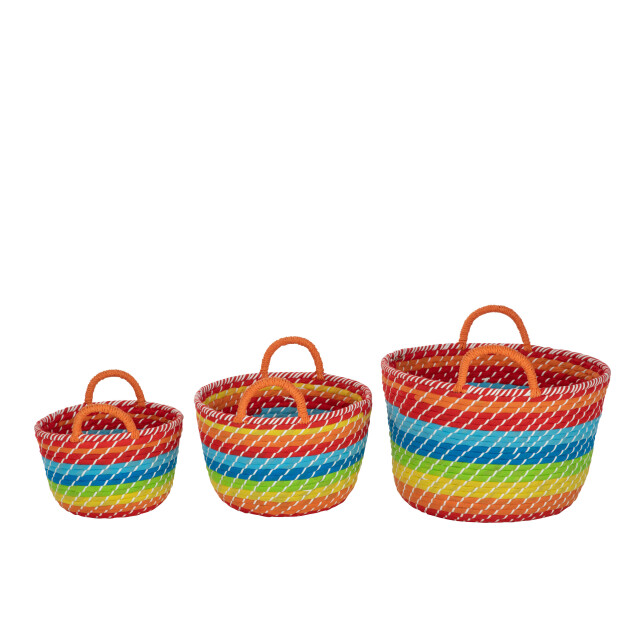 J-Line set van 3 mand regenboog strepen+handvaten zeegras mix 39x39x24cm 3005106 large