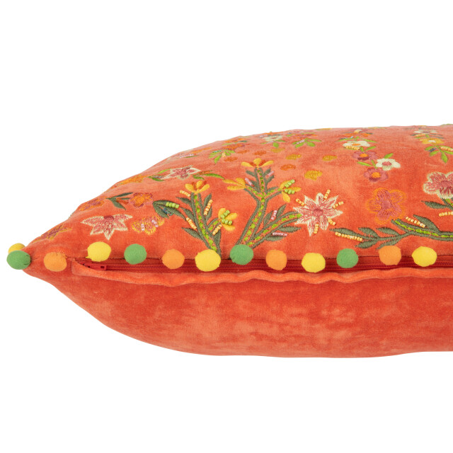 J-Line kussen rechthoek bloemen+pompoms fluweel 65x35x15cm 3002063 large