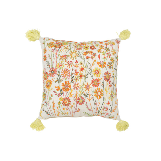 J-Line kussen vierkant bloemen+kwastjes katoen /oranje 45x45x15cm 3002059 large