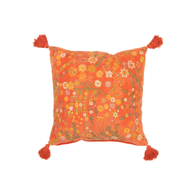 J-Line kussen vierkant bloemen+kwastjes fluweel 50x50x15cm 3065797 large