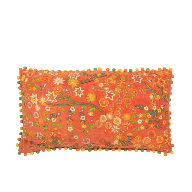 J-Line kussen rechthoek bloemen+pompoms fluweel 65x35x15cm 3002063 large