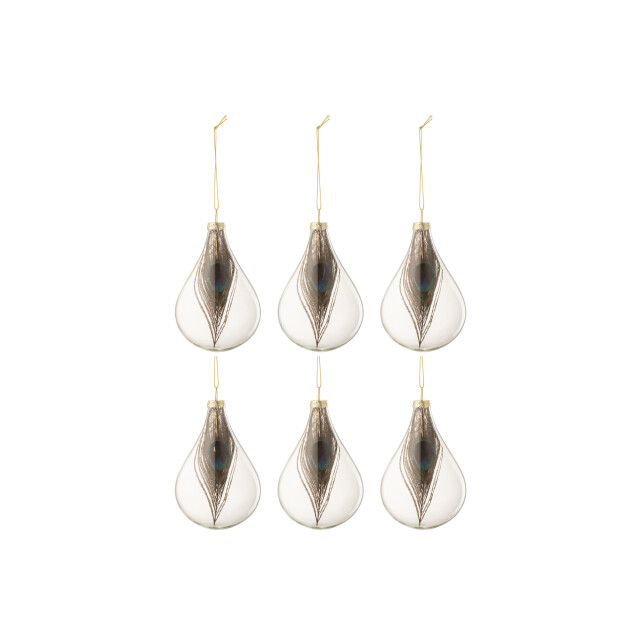 J-Line doos van 6 kerstballen druppel pauwenveer glas transparant small - 3006179 large