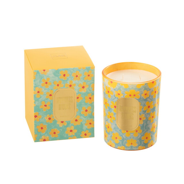J-Line geurkaars bloemen azuur/geel large 70 uren 10.5x10.5x13.5cm 3015390 large