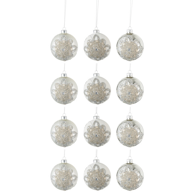 J-Line doos van 12 kerstballen 4+4+4 ornament parels glas mat wit/mat 3007210 large
