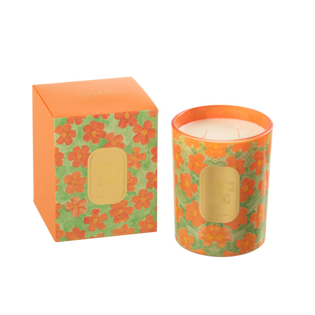 J-Line geurkaars bloemen oranje/groen large 70 uren 10.5x10.5x13.5cm 3015386 large