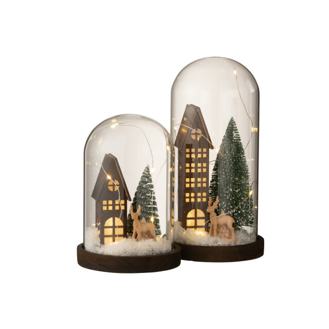 J-Line stolp hoog led huis glas/hout dark brown/green large 14x14x27cm 3005725 large