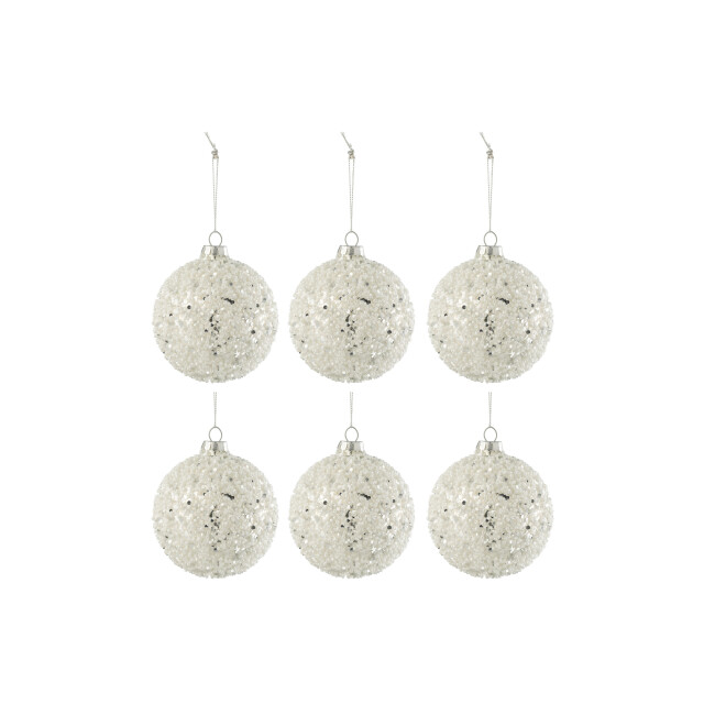 J-Line doos van 6 kerstballen parels+glitter glas zilver/ small 9x9x10cm 3007406 large
