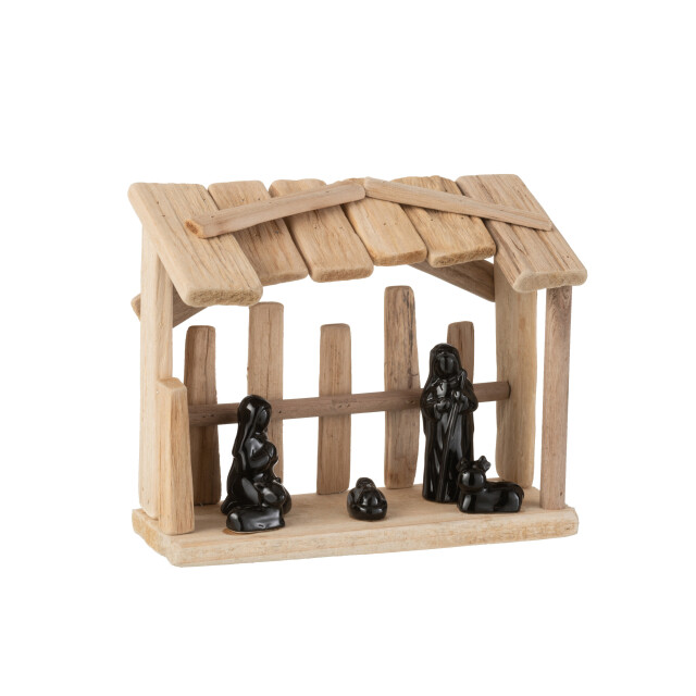 J-Line kerststal plat dak hout/keramiek naturel/zwart 25.5x12.5x21cm 3014849 large