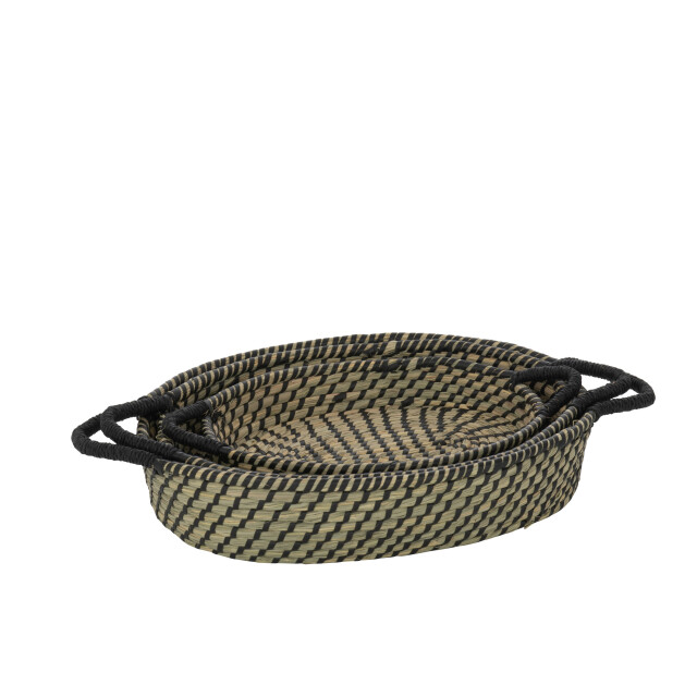 J-Line set van 3 mand ovaal handvatten stro /zwart 57x34x11cm 3005073 large