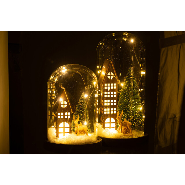 J-Line stolp hoog led huis glas/hout dark brown/green large 14x14x27cm 3005725 large